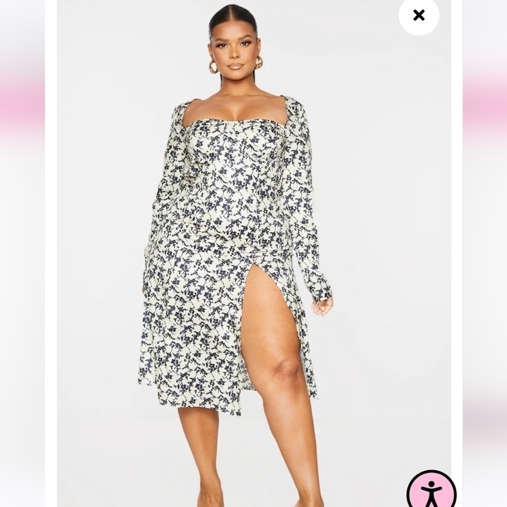 PrettyLittleThing Stone Ditzy Floral Print Cupped Split Detail Midi Dress